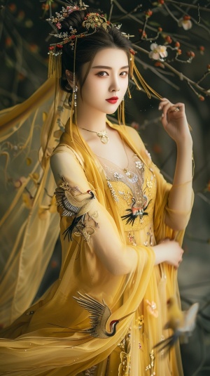 Chinese beauty, full body photo in a yellow dress with embroidered cranes on the chest and back, long hair draped over shoulders, white skin, red lips, slender figure, earrings and hanging necklaces, high heels, confident smile, full of confidence posture in the style of .