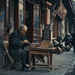 热闹街道 一名中国老者坐在桌边给人占卜