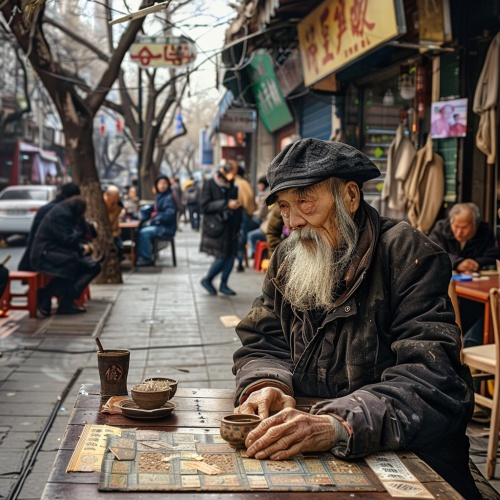 热闹街道 一名中国老者坐在桌边给人占卜