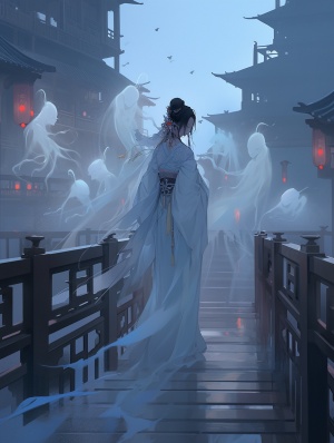 穿着古代嫁衣的女人，走在奈河桥上，周围都是鬼魂