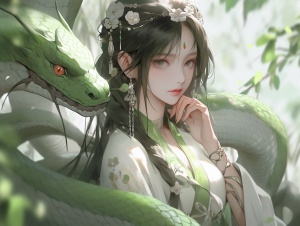 中景，中国古代，后山深处，一身碧绿衣裳的蛇仙，眼眸深邃而明亮。