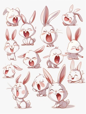 一个可爱的兔子插画，白颜色，要求为简笔画，表情包的形式展现，表情包中的表情丰富，展现兔子的喜，怒，哀，乐，大哭，开心，害羞，不好意思等表情状态，动作以运动方式呈现。要求一张图片展现至少16个兔子表情包。
