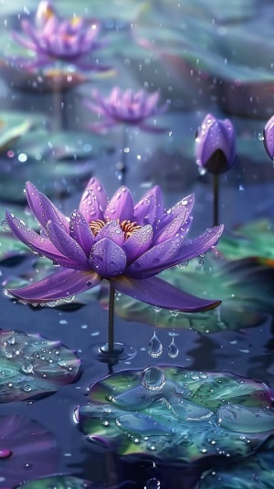 这幅图像描绘了一个宁静而美丽的场景，聚焦于几朵盛开的紫色睡莲。这些睡莲漂浮在水面上，水是深浅不一的蓝色，给人一种神秘和宁静的感觉。每朵睡莲都有很多花瓣，从深紫到浅紫都有，有些花瓣还带着粉红色。水滴挂在花瓣和叶子上，营造出一种清新的氛围。除了睡莲之外，还有一些水生植物散布在水面上，为整个场景增添了多样性。整个画面的构图、色彩和光线都暗示着这幅图像捕捉到了一个安宁的时刻，可能是在清晨或者傍晚时分。