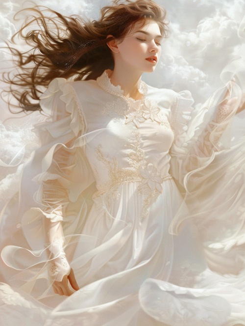 一位美丽的仙女 ，身着白色的长裙 ，脚踩祥云。衣袂飘飘。背后是南天门的影子。近拍特写。