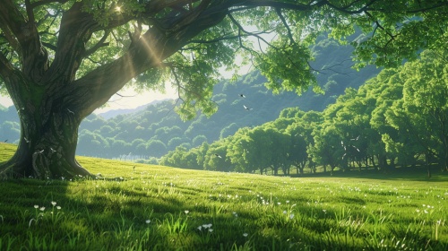 画面中出现一片宁静的乡村田野，阳光明媚，鸟儿在枝头欢快地歌唱。镜头逐渐拉近，展示一片绿意盎然的草地和几棵古老的树木。