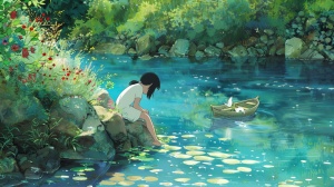 小女孩在画完一张画后，把画纸折叠成一只小船，放飞到河里。小船随着流水飘向远方，小女孩目送它远去。