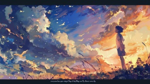 画面中出现宫崎骏的经典名言：“每个人心中都有一双属于自己的翅膀，只要愿意飞翔，就能找到属于自己的天空。”要求画中出现这句话和以宫崎骏漫画中的人物为背景。