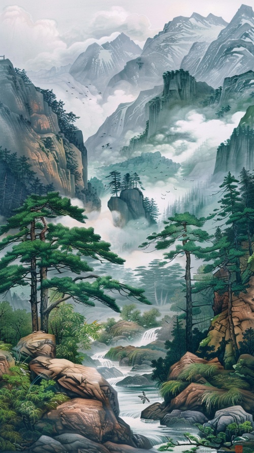 缓缓流淌的清澈溪水，几株青翠的松树掩映在青山之间，岩石嵌在山脚，蜿蜒的小路通向远方，一只蜻蜓停在水面。