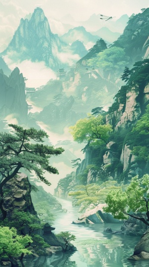 缓缓流淌的清澈溪水，几株青翠的松树掩映在青山之间，岩石嵌在山脚，蜿蜒的小路通向远方，一只蜻蜓停在水面。