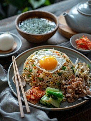 一盘美味的蛋炒饭，颗粒分明，有蔬菜和肉片。旁边放着一碗紫菜汤。汤勺，筷子分工明确。摄影大赛质量，高清，