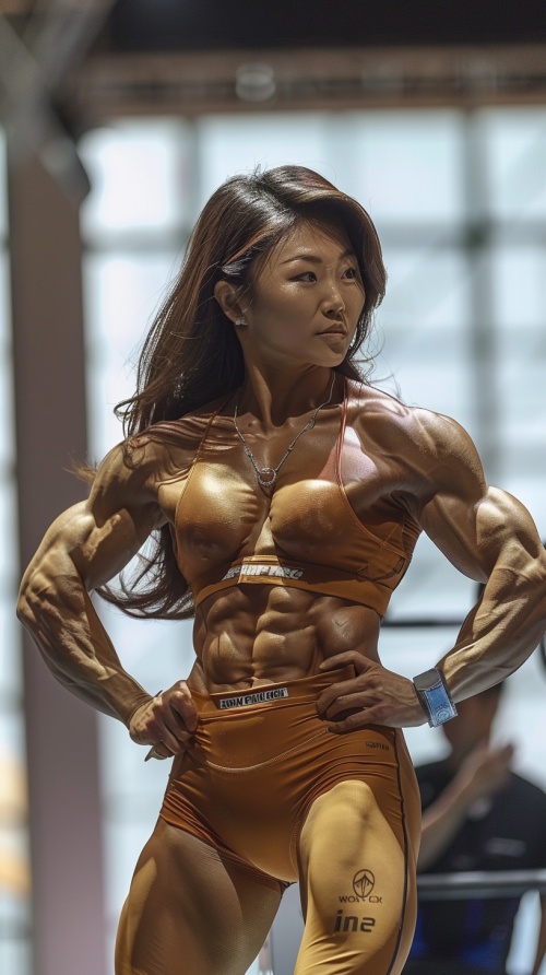 肌肉感十足的亚洲美女，在健美大赛中展示动作