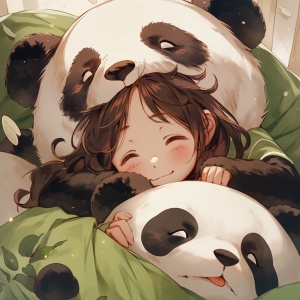 一个超可爱的小女孩趴在熊猫娃娃身上，她穿着熊猫系的套装，披着黑棕色的头发