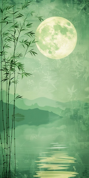 A green bamboo + moon + calm lake, peace + harmony + zen style, –ar 60:35 v 6.0 ar 2:3