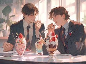 两个西装男子坐在甜品店里一起吃圣代边吃边聊很开心阳光明媚照在他们身上温暖