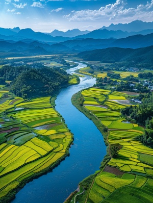 Golden Rice Fields and Blue River: Aerial Photography Beauty