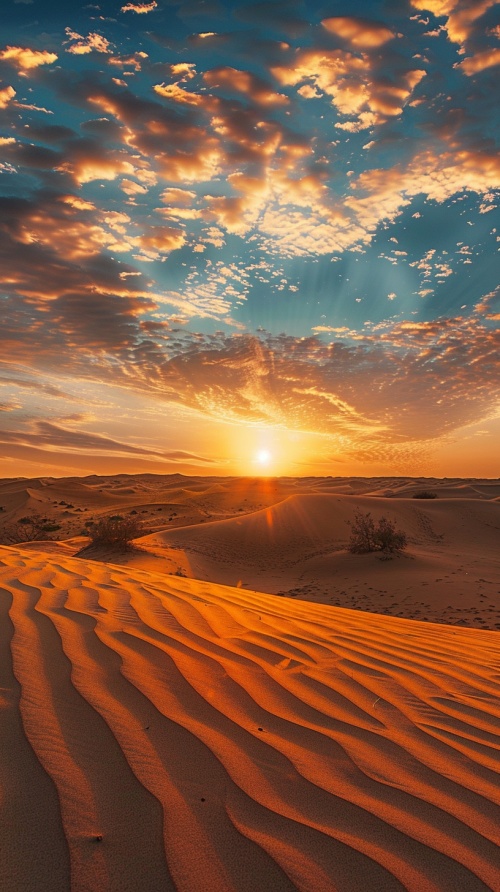 沙漠里的落日,全景,广角镜头,自然光，超高清画质