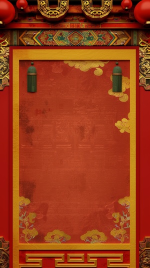 该图片展示了一个中国传统风格的画框，采用红、黄两色为主调，红色为背景，黄色作为画框和装饰元素。画框中央是一块空白区域，可能是为了放置文字或图片而设计。在空白区域的两侧有红色圆边装饰，并附有金色装饰物，如一个红色圆点、一个红色卷轴和一些细小圆点。在画框上方，还放置了两个小型的绿色云朵装饰，为画面增添了一丝自然气息。整个画框具有一种古典而喜庆的气氛，适合用来展示与传统文化相关的主题。