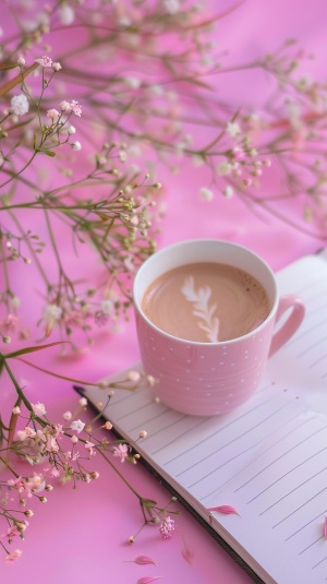 粉红色渐变背景下的花与咖啡杯
