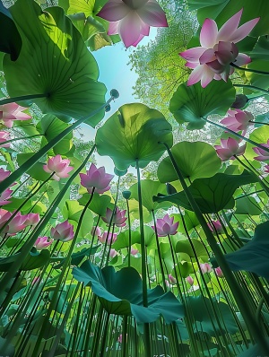 360度高清拍摄：粉色荷花林仙境全景