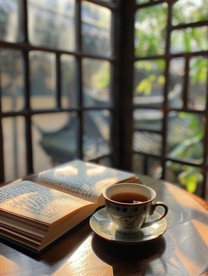 室内圆形茶桌上的咖啡杯和书