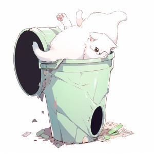 白色小猫咪挖垃圾桶危险行为卡通插画