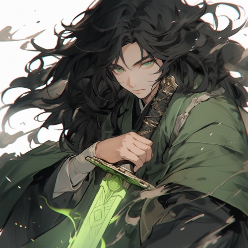 In Gakuen anime style, A boy with long black curly hair, black eyes, delicate and clear facial features, clean face, luminous skin, green war robe, holding sword, white background, seven-split lens, white and green tones, soft light