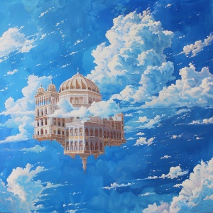 一座宫殿悬浮在蓝天白云云雾缭绕的空中