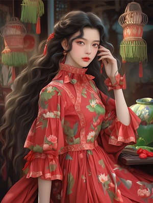 🌟 美女，红色时尚芭莎轻纱牛仔套装裙王者 🌟在翠绿的神秘花园处， 一位中国人红色时尚轻纱牛仔套裙美女出现。 她的长发高扎马尾飘飘，她身着红色时尚轻纱牛仔套装裙，图案错落有致， 质感轻纱时尚芭莎， 耳环轻摇，似风中的歌谣。项链系于她纤细的颈间，丰满丰盈身材， 宝石。 背景模糊，绿叶摇曳， 层次感，立体感，超高清画面，32K