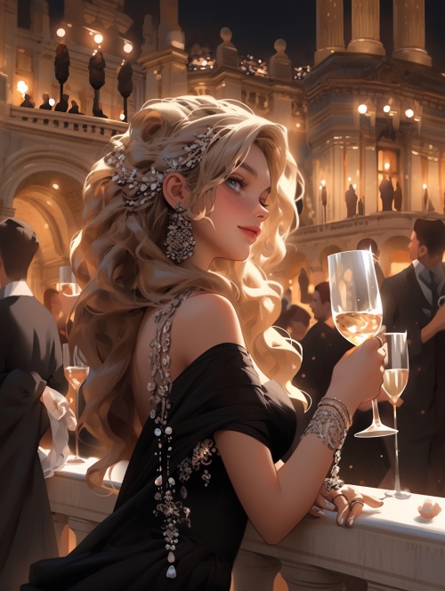 中欧风格宫殿，有一个穿黑色鱼尾裙的绝美欧美女生，披着微卷的，金色的头发，带着珍珠耳环。手里拿着一杯香槟
