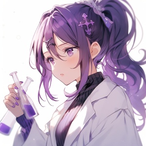 In Gakuen anime style, A glasses-wearing girl with ponytail, purple hair, purple eyes, delicate and clear facial features, clean face, luminous skin, purple dress, white lab coat, holding test tube, white background, seven-split lens, white and purple tones, soft light
