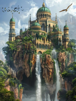 large ornate ancient cathedral in the ethereal jungle atop a waterfall with birds flying overhead, dramatic, high detail, love in the air, wisdom, beauty, respect of the water, cathedral is large and ancient and beautiful, sea serpent, 🐍, perfect render, ar 9:16 testp s 1301 upbeta