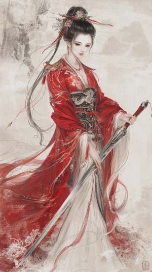 红衣美女手持宝剑