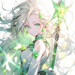 In Gakuen anime style, A girl with long white straight hair, green eyes, delicate and clear facial features, clean face, luminous skin, green dress, holding magic stick, white background, seven-split lens, white and green tones, soft light