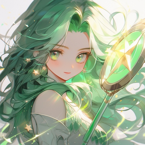 In Gakuen anime style, A girl with long white straight hair, green eyes, delicate and clear facial features, clean face, luminous skin, green dress, holding magic stick, white background, seven-split lens, white and green tones, soft light