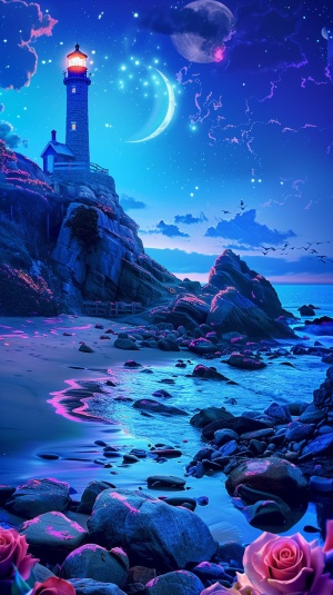 海滩，夜空中有许多荧光色的岩石，银白色的新月，玫瑰环绕的岩石，高耸的灯塔+照明，荧光灯海，月光照耀着星星闪烁的海洋