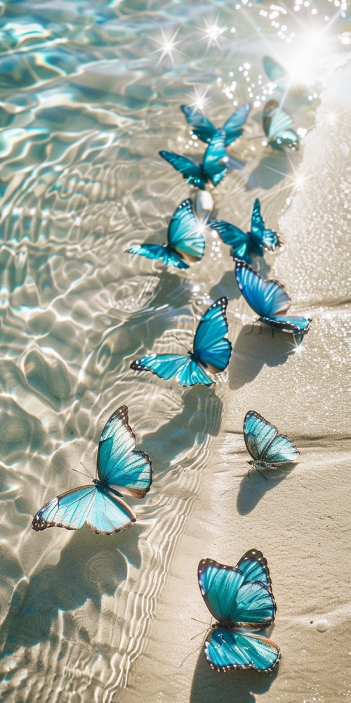 近距离看，透明的水蓝色蝴蝶，在洁白的沙滩上，在晶莹的海水中，清晰的倒影，波光粼粼，带着涟漪。光影闪烁，十分梦幻，蝴蝶排成新月的形状，闪烁着——风格的raw -s 100