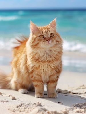 a cute orange fat cat,s 250 V 6.0, standing on asunny beach, S 250 V 6.0