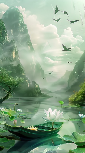 绿色、植物制成的小船、白色睡莲、宁静的湖面、绿色山峰、植被覆盖、云朵、飞翔的鸟儿、自然和幻想元素、和谐共处、静谧、绿意盎然、纵深感、生机勃勃、宁静祥和的氛围。