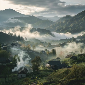 晨曦，农舍中飘出炊烟，烟雾缭绕在山村上空，一派寂静之地，俯视，高清摄影风格
