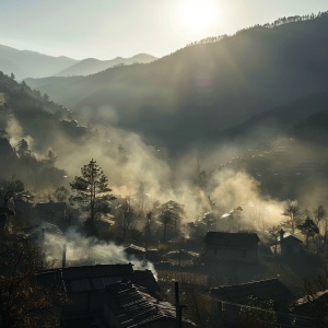 晨曦，农舍中飘出炊烟，烟雾缭绕在山村上空，一派寂静之地，俯视，高清摄影风格
