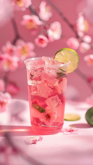 Editorial photograph of a luxury drink "sakura lemon tea",in plastic cups,more ice,more lime slices in the cup,white background with sakura blossom ar 9:16 stylize 250 v 6