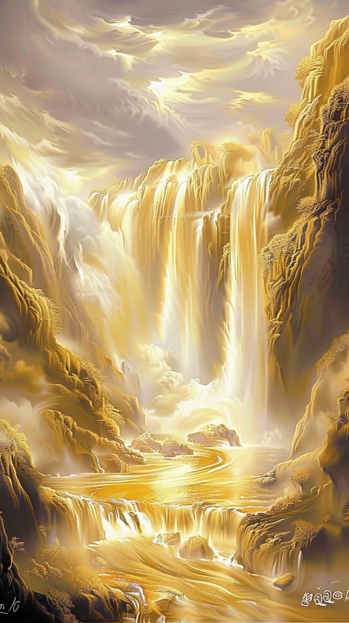 图中描绘的是一条金色的瀑布，这条瀑布位于两座大山之间，河水奔腾而下，形成了一个壮观的水流，水花四溅，仿佛一条黄金的缎带。画面中还有一些小石头，增添了画面的动感。在瀑布上方，云层密布，给人一种大气磅礴的感觉。画面中的色彩以金色为主，营造出一种独特的气氛。此外，还有一些小石头，为画面增添了一些细节。在画面的右上角，还有一些小树，给画面带来了一些生机。
