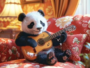 一只熊猫坐在家里的沙发上，弹着吉他