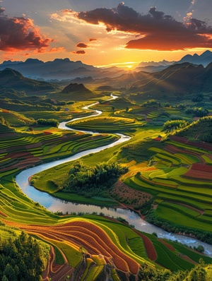 Landscape painting showcases the peaceful rural scenery with vivid colors. The winding river passes through green, yellow, and red intertwined farmland, and the sky is dotted with red orange gradient fish scale clouds and warm sunshine on the horizon, creating a dreamy and peaceful atmosphere. The screen is concise and poetic, making people yearn for it. Real photography works, high-definition