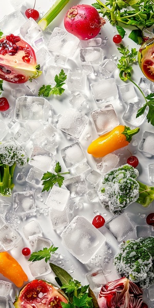 Frozen vegetables in ice cubes. composition with empty center. chunks of ice and meat around. On the white background. 比例 9:16 version 基础V2 风格化 100 慢速