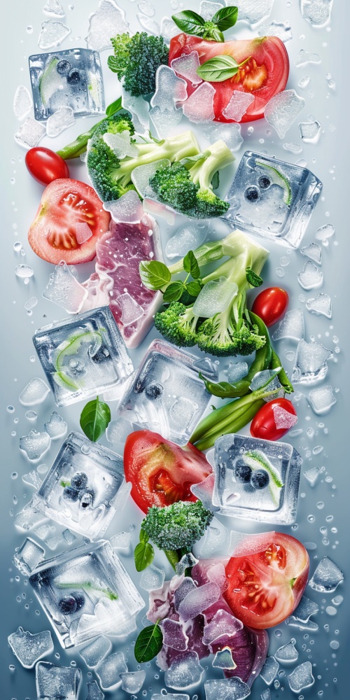 Frozen vegetables in ice cubes. composition with empty center. chunks of ice and meat around. On the white background. 比例 9:16 version 基础V2 风格化 100 慢速