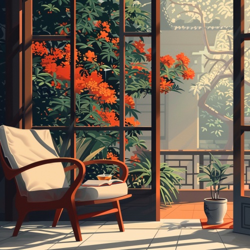 清晨的阳光柔和地洒在雅致的花园，在画面中央，放置一把精美的扶手椅，旁边放着一本摊开的书籍和一杯香气四溢的茶。