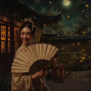 一个古装女子拿着扇子，调皮的笑，庭院，夜晚，月亮，萤火虫闪烁