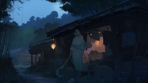 夜晚，画家在村庄外的小屋中，突然听到门外的声音