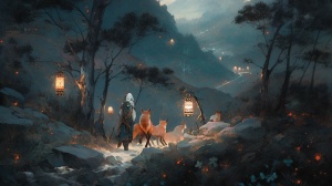 画家与狐仙在深山中寻找古老的遗迹，周围环境阴森神秘